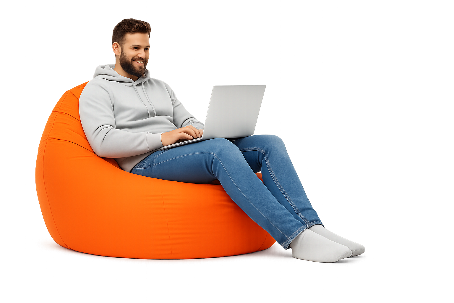 Professional working on laptop in orange bean bag chair