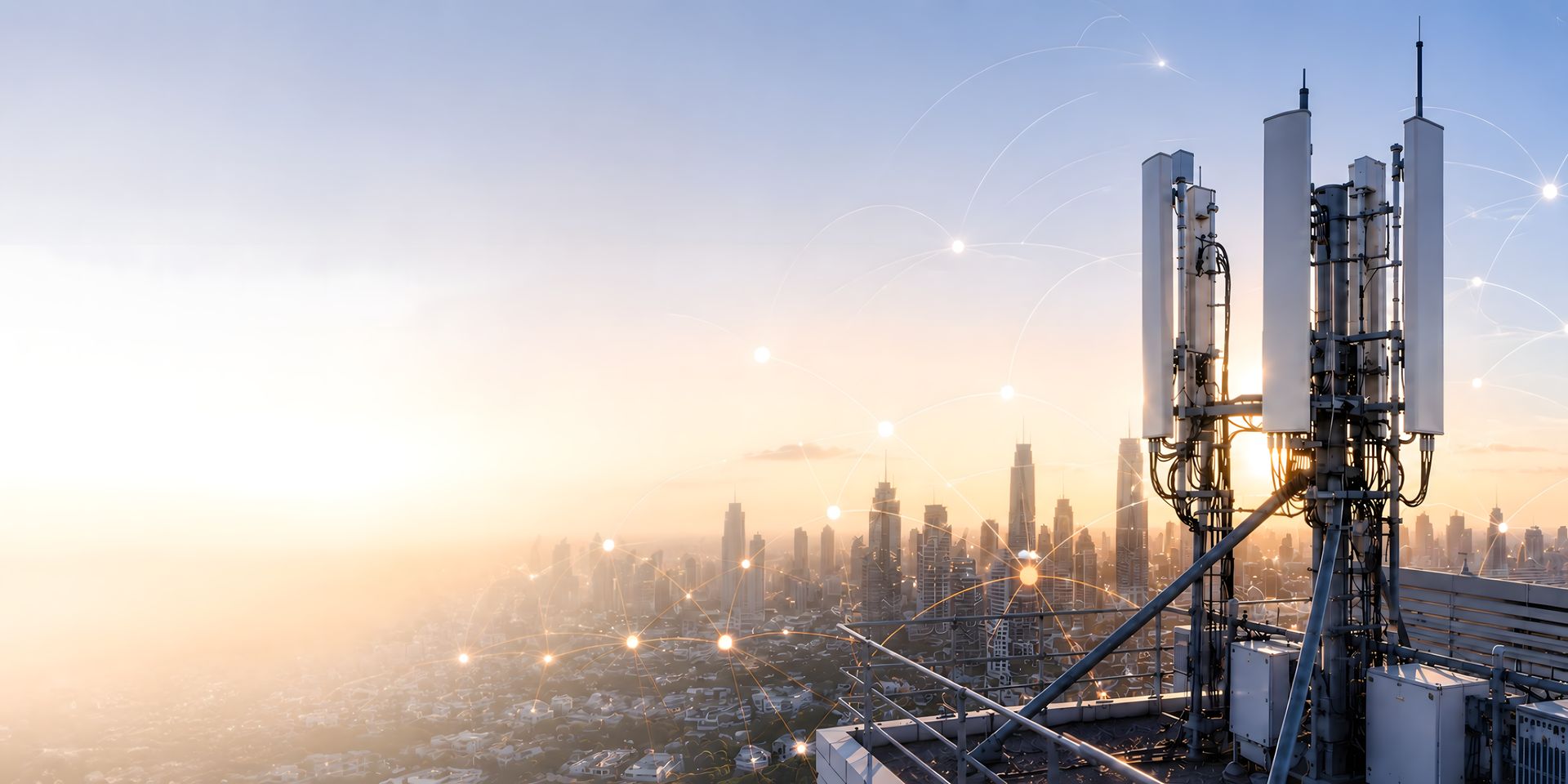 Enterprise wireless tower infrastructure at sunset over city skyline
