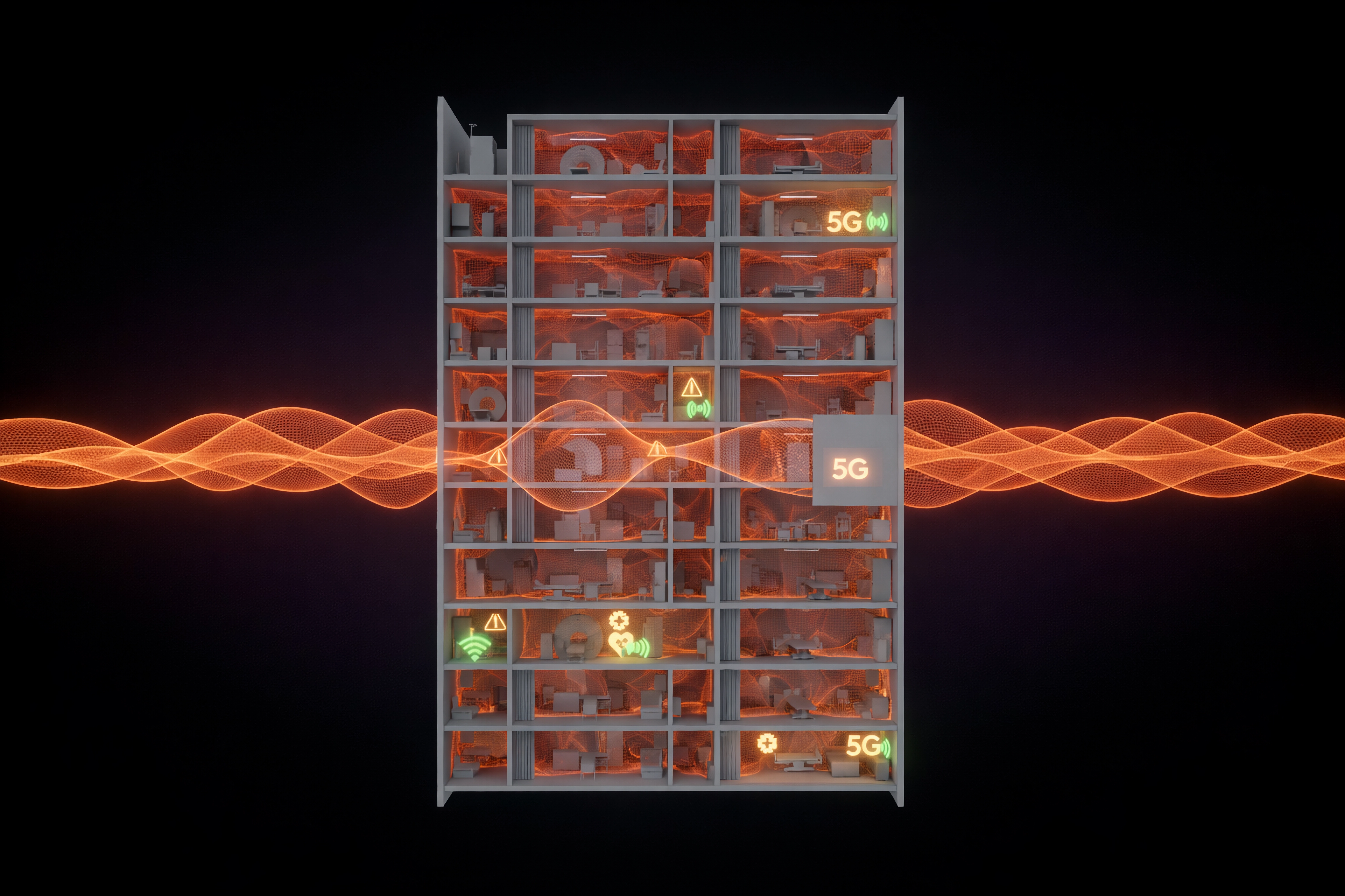 Modern hospital corridor with wireless connectivity infrastructure